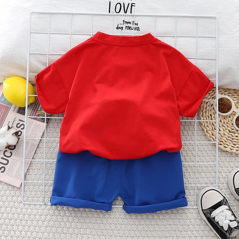 Red Bear Boys Set with 3D Bag – Cute Cotton Two-Piece Outfit for Kids
