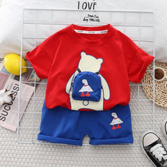 Red Bear Boys Set with 3D Bag – Cute Cotton Two-Piece Outfit for Kids