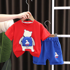 Red Bear Boys Set with 3D Bag – Cute Cotton Two-Piece Outfit for Kids