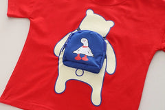 Red Bear Boys Set with 3D Bag – Cute Cotton Two-Piece Outfit for Kids