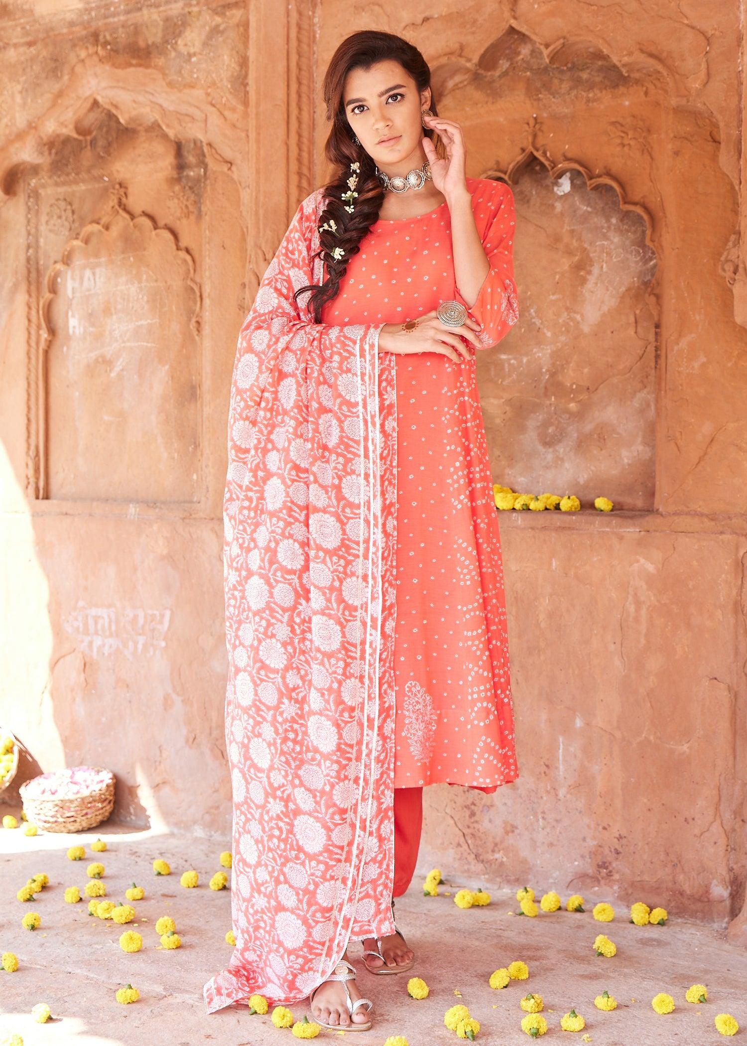 Red Cotton Flared Kurta with Classic Bandhej Print
