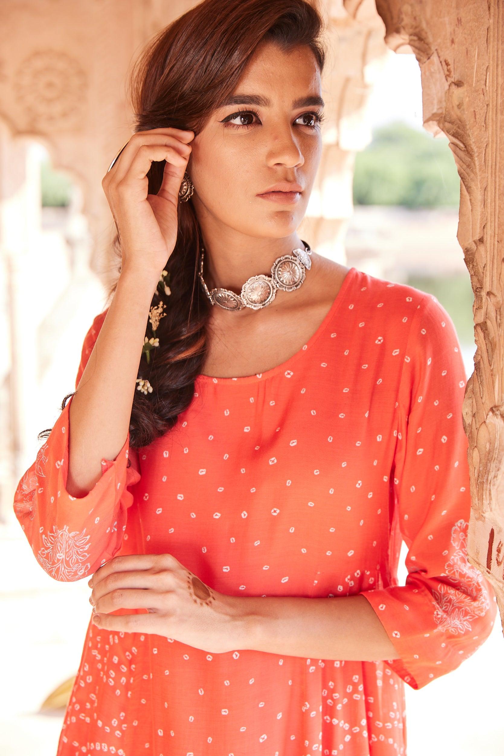 Red Cotton Flared Kurta with Classic Bandhej Print