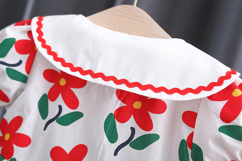 Red Flower Girls Dress with Sling – Soft Cotton Summer Outfit