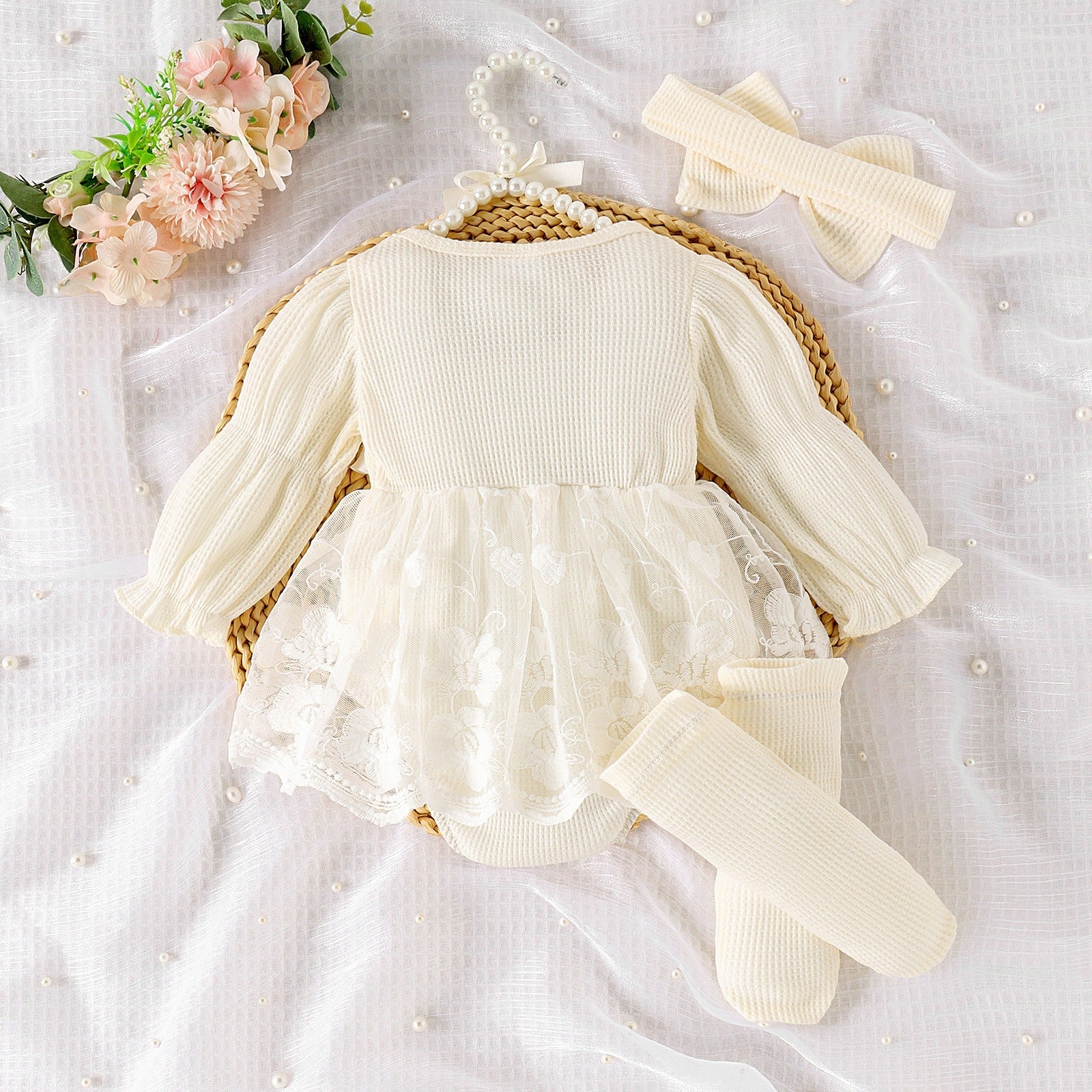 Rose Baby Girls Romper Dress Set with Socks & Bow – Soft Cotton Blend Outfit