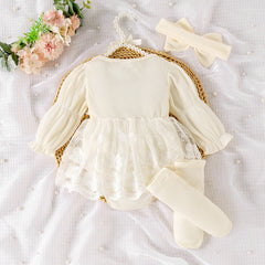 Rose Baby Girls Romper Dress Set with Socks & Bow – Soft Cotton Blend Outfit