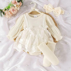 Rose Baby Girls Romper Dress Set with Socks & Bow – Soft Cotton Blend Outfit