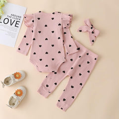 Ruffle Sleeves Baby Girls Romper & Pant Set with Head Bow – Soft Cotton Outfit