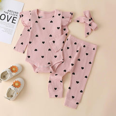 Ruffle Sleeves Baby Girls Romper & Pant Set with Head Bow – Soft Cotton Outfit