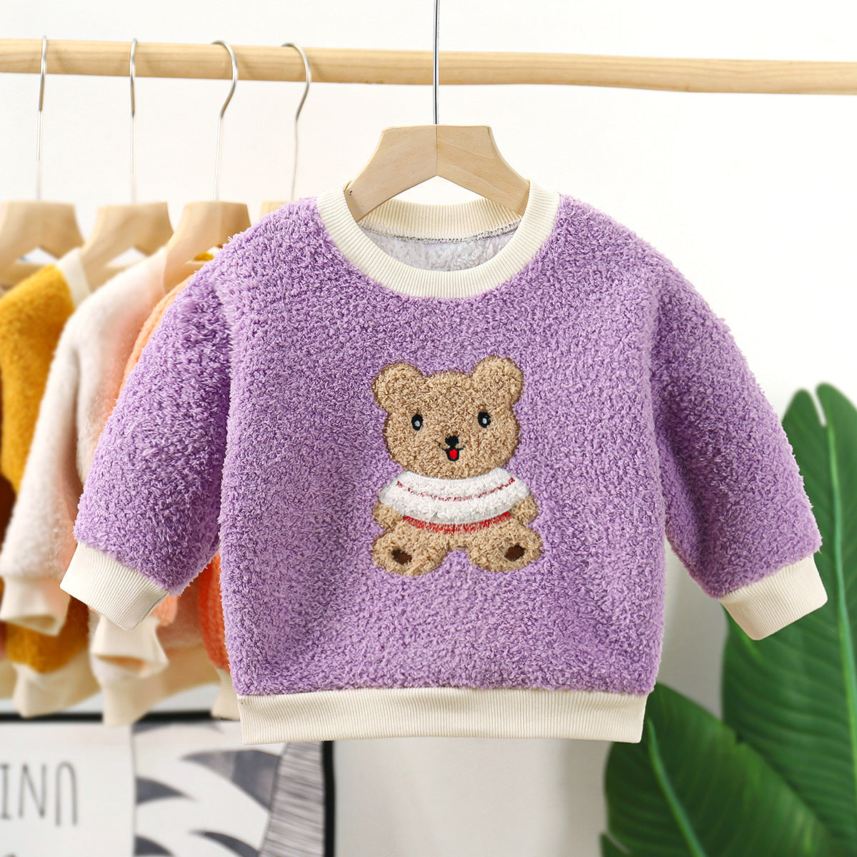Lavender Happy Bear Girls Fleece Top – Soft Cotton Blend Long Sleeve Shirt