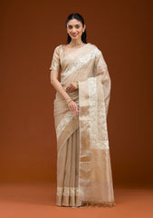 Elegant Gold Tissue Saree with Silver Zariwork Embroidery – Unstitched Blouse Included