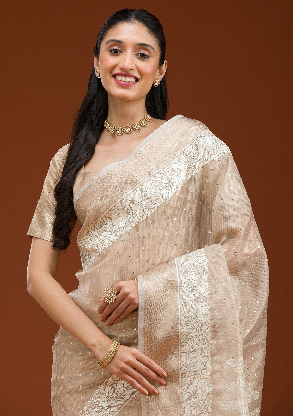 Elegant Gold Tissue Saree with Silver Zariwork Embroidery – Unstitched Blouse Included
