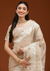 Elegant Gold Tissue Saree with Silver Zariwork Embroidery – Unstitched Blouse Included
