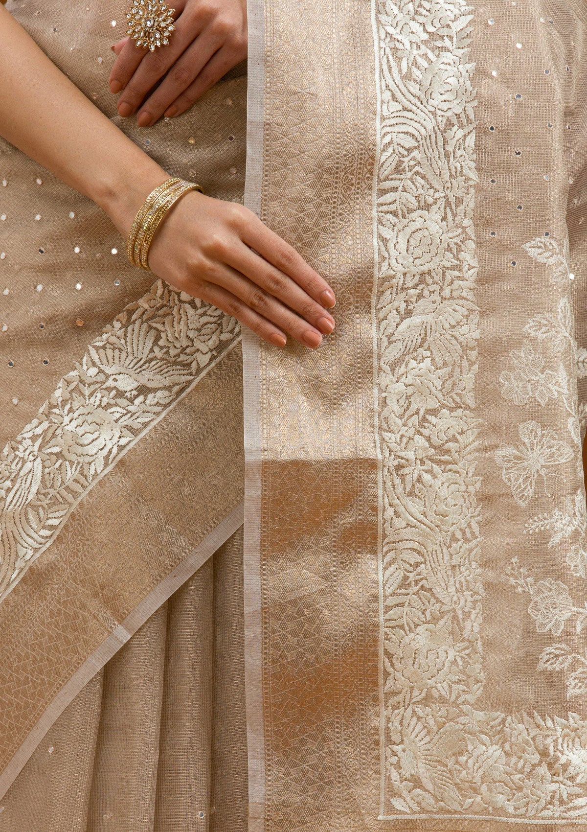 Elegant Gold Tissue Saree with Silver Zariwork Embroidery – Unstitched Blouse Included