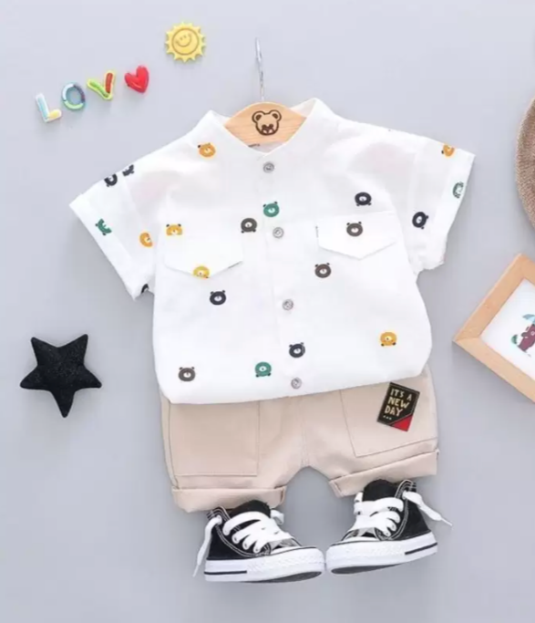 White Bear Printed Boys Set – Soft Cotton Kids Outfit for Play and Outings