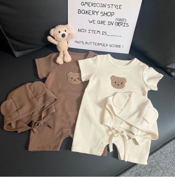 Teddy Pocket Unisex Baby Romper with Hat – Soft Cotton Outfit for Boys & Girls