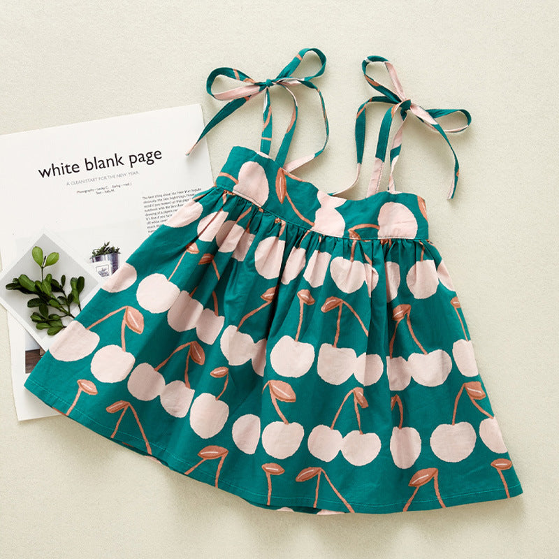 Shoulder Knot Printed Girls Dress – Cotton Summer Outfit