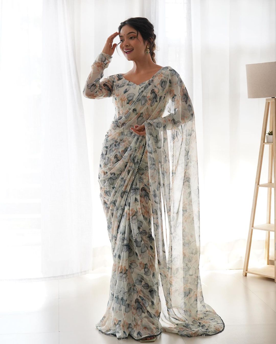 Elegant White Georgette Pre-Stitched Saree