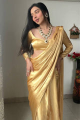 Beige Satin Silk Pre-Pleated Ready-to-Wear Saree with Unstitched Blouse