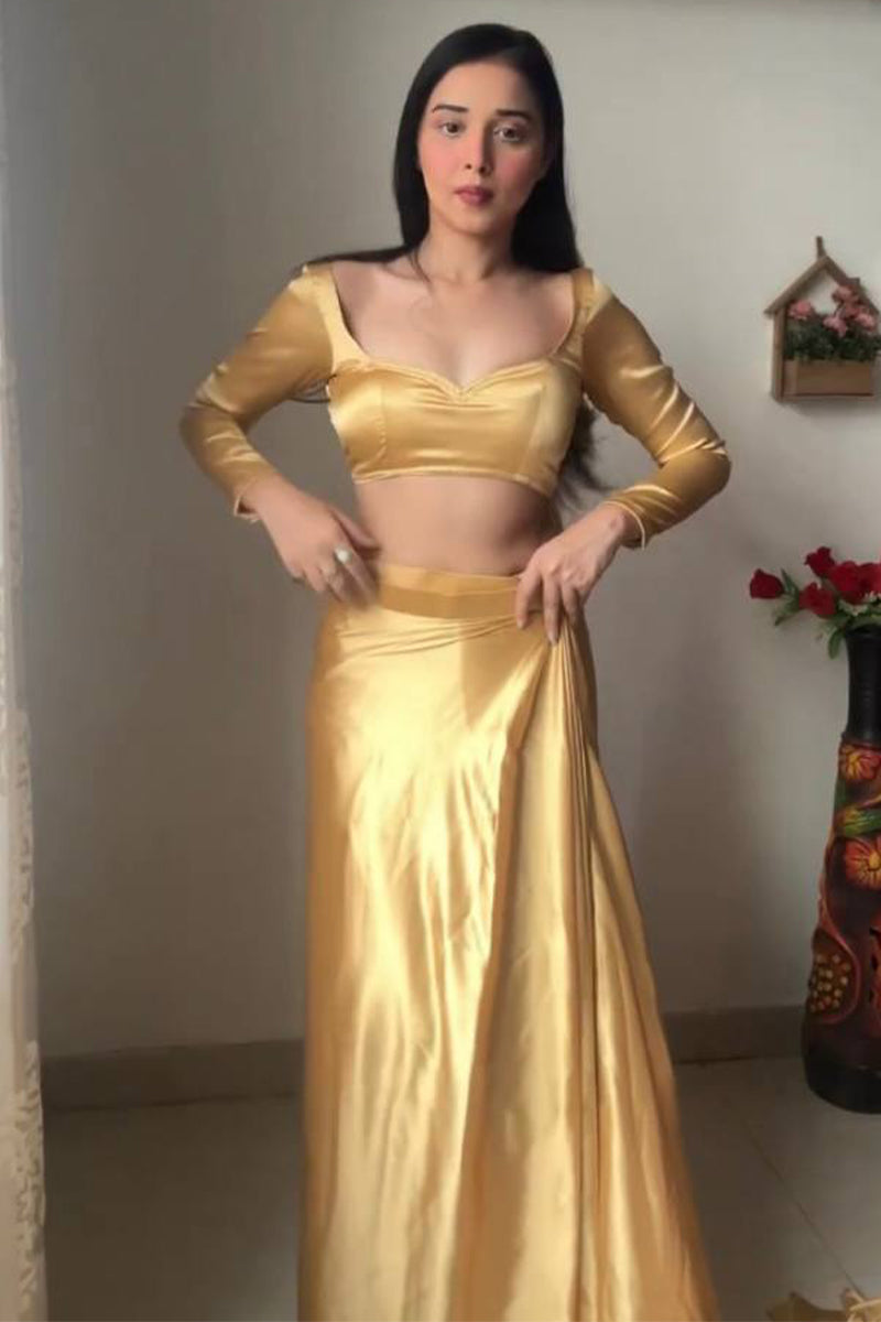 Beige Satin Silk Pre-Pleated Ready-to-Wear Saree with Unstitched Blouse