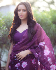 Refined Elegance – Wine Organza Silk Pre-Stitched Saree