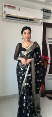 Elegant Black Cotton Silk Pre-Stitched Saree with Jacquard Detailing