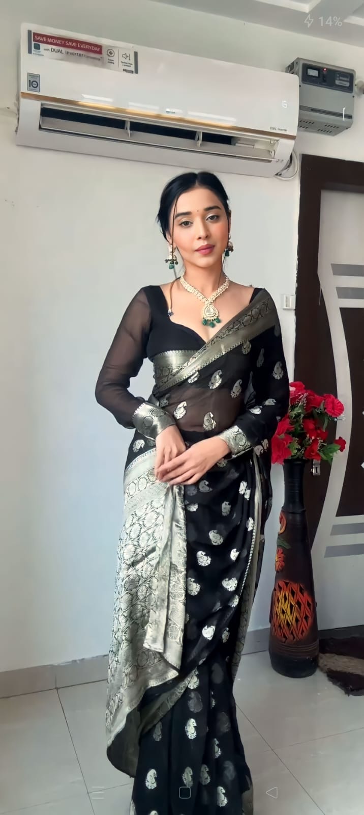 Elegant Black Cotton Silk Pre-Stitched Saree with Jacquard Detailing