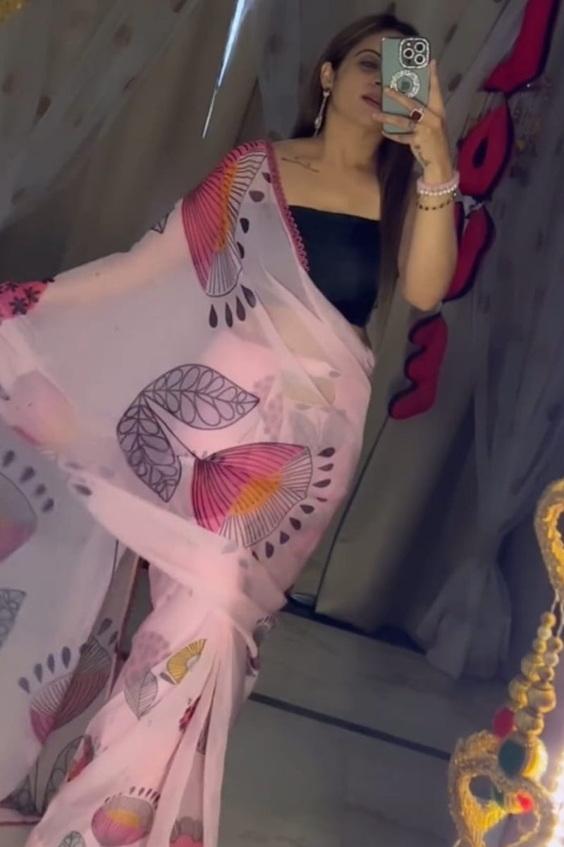 Pink Printed Georgette Saree