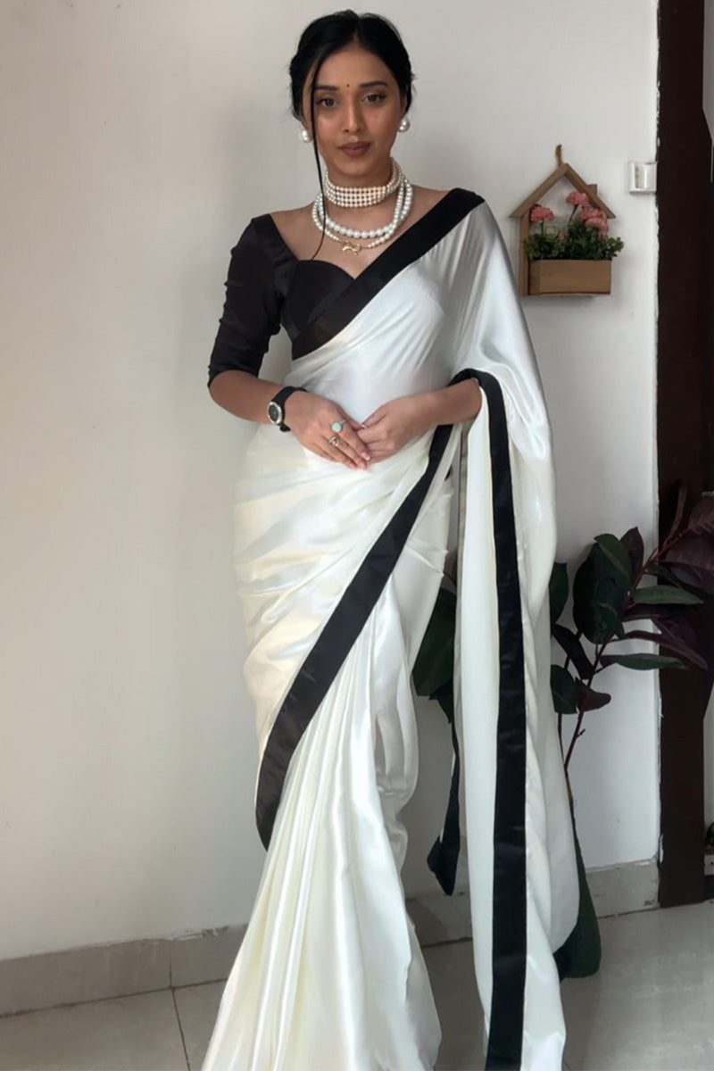 Elegant Ready-to-Wear White Satin Silk Saree with Printed Blouse Piece