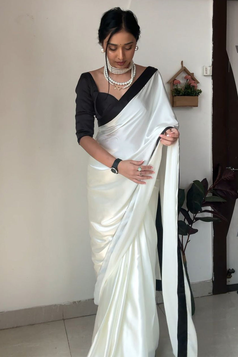 Elegant Ready-to-Wear White Satin Silk Saree with Printed Blouse Piece