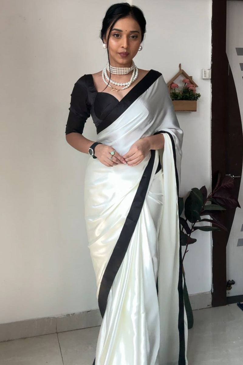 Elegant Ready-to-Wear White Satin Silk Saree with Printed Blouse Piece