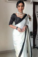 Elegant Ready-to-Wear White Satin Silk Saree with Printed Blouse Piece