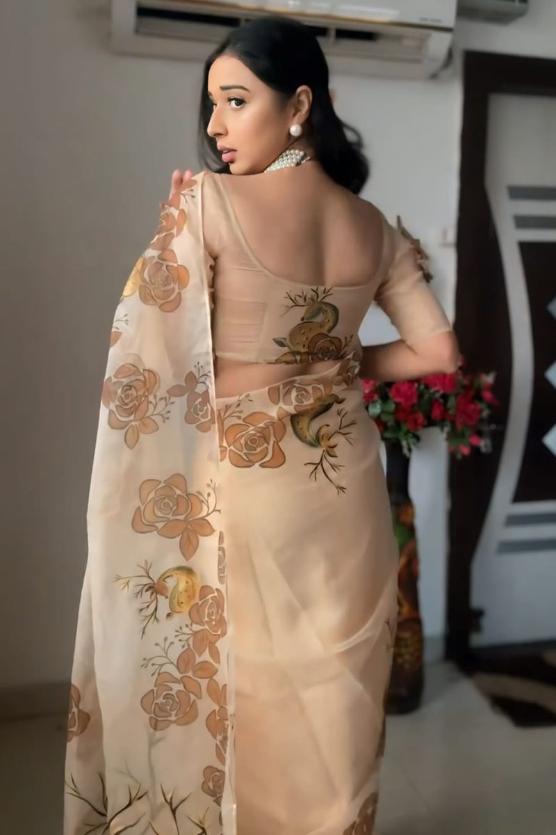 Beige Organza Silk Saree