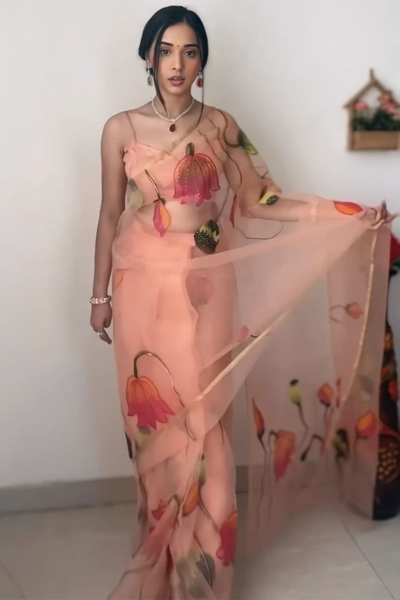 Peach Organza Silk Saree