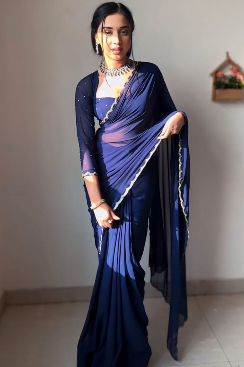 Effortless Elegance: Ready-To-Wear Navy Blue Georgette Saree