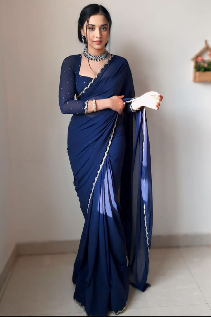 Effortless Elegance: Ready-To-Wear Navy Blue Georgette Saree