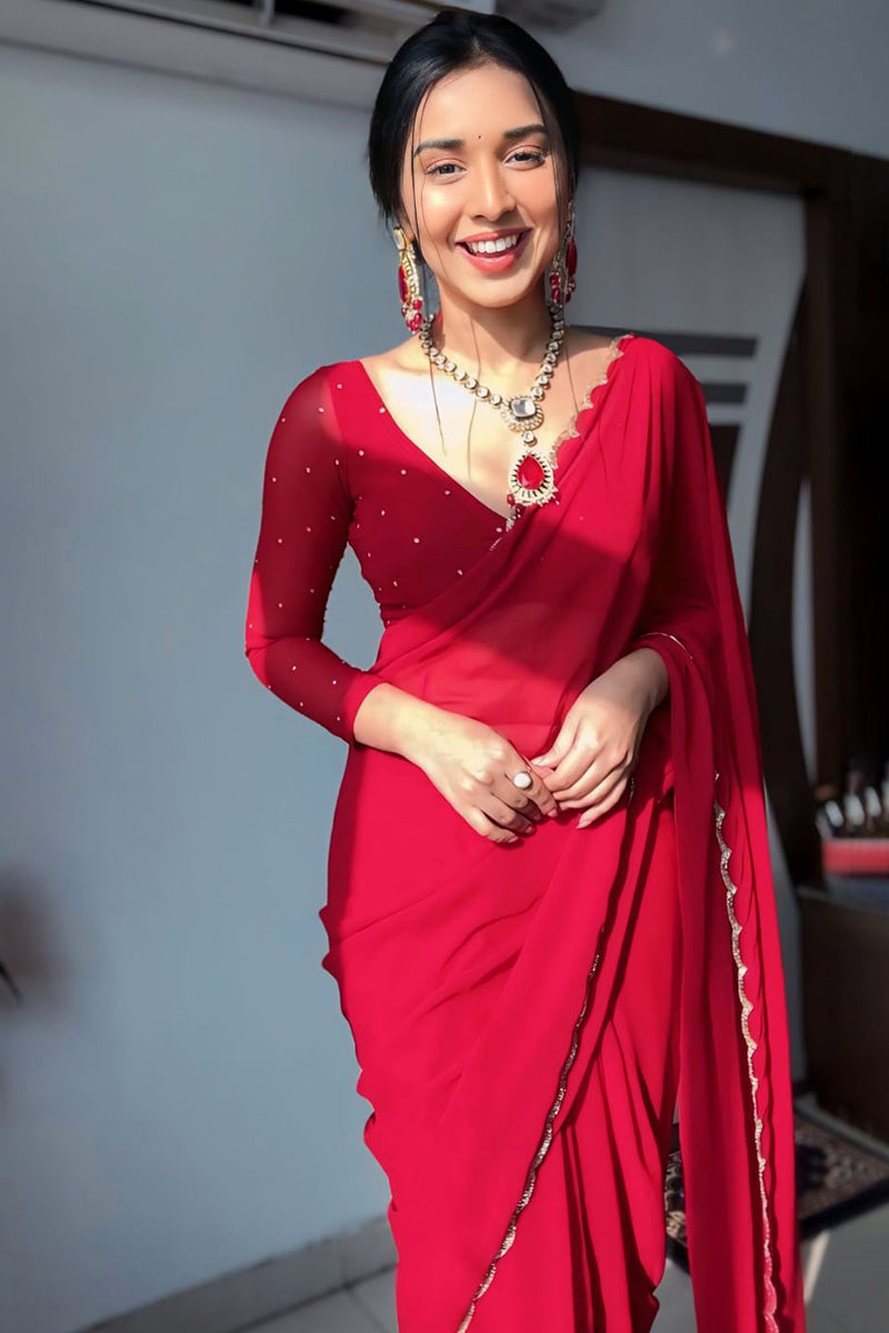 Effortless Elegance – Red Georgette Ready-to-Wear Saree