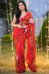 Bucolic Red Georgette Ready-To-Wear Saree