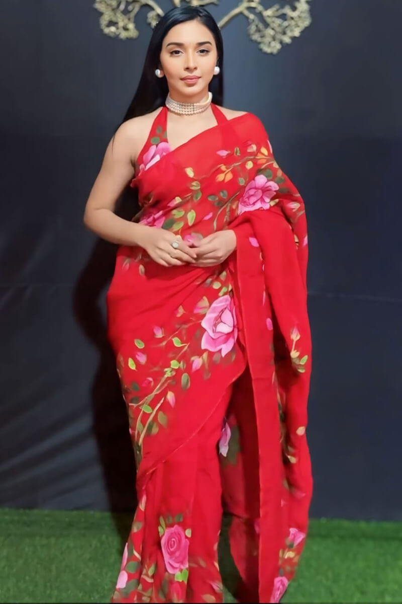 Bucolic Red Georgette Ready-To-Wear Saree