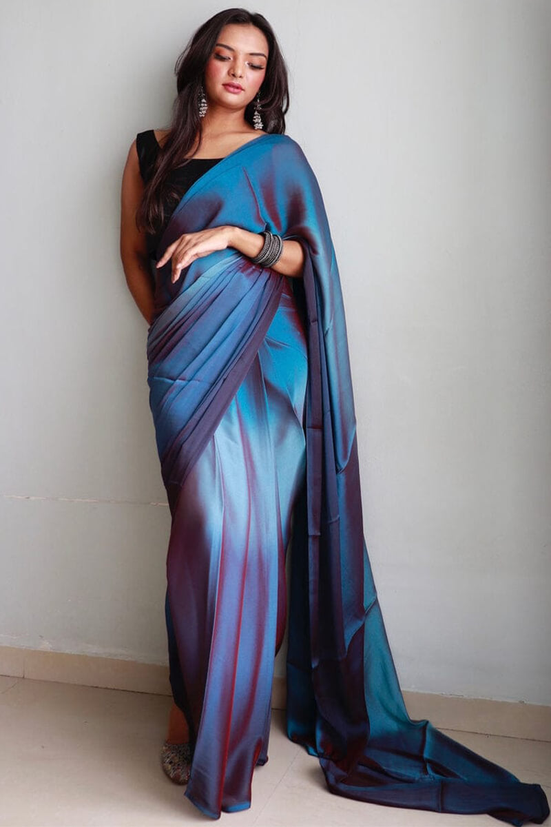 Elegant Blue Chiffon Silk Pre-Stitched Saree with Digital Print