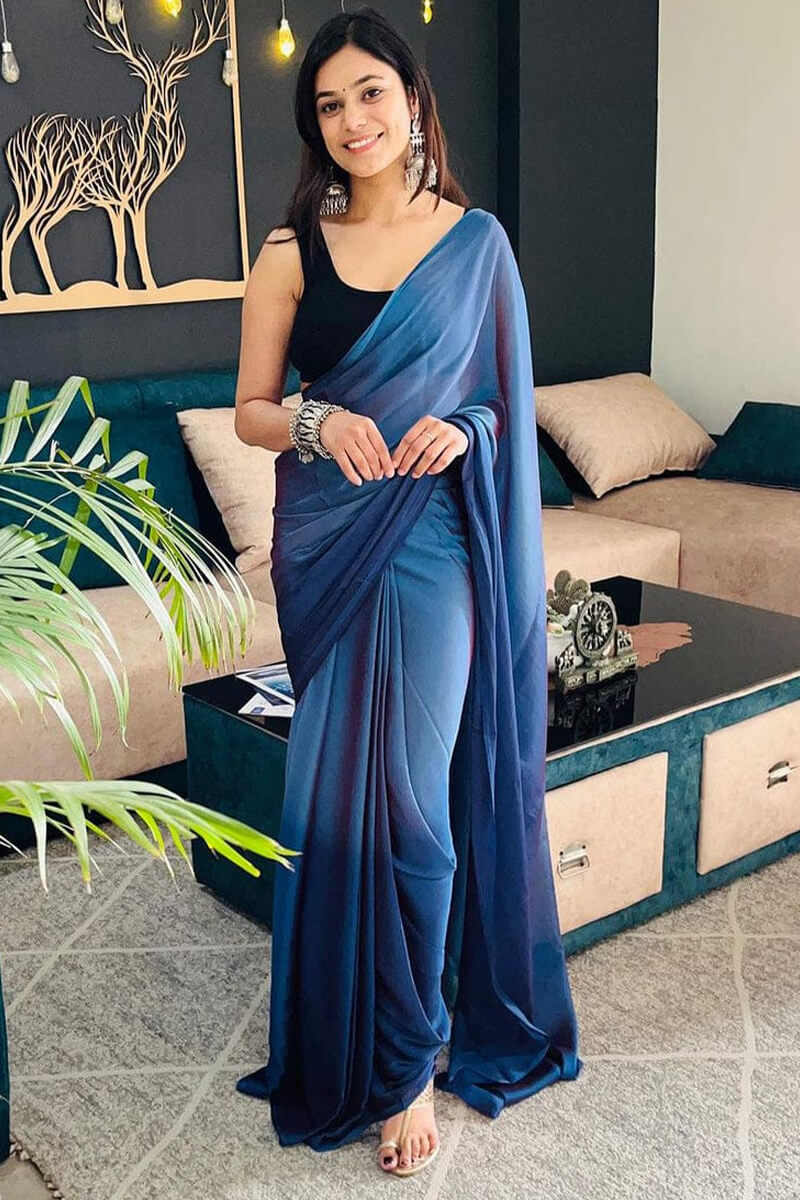 Elegant Blue Chiffon Silk Pre-Stitched Saree with Digital Print