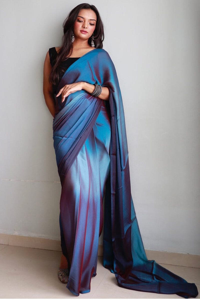 Elegant Blue Chiffon Silk Pre-Stitched Saree with Digital Print