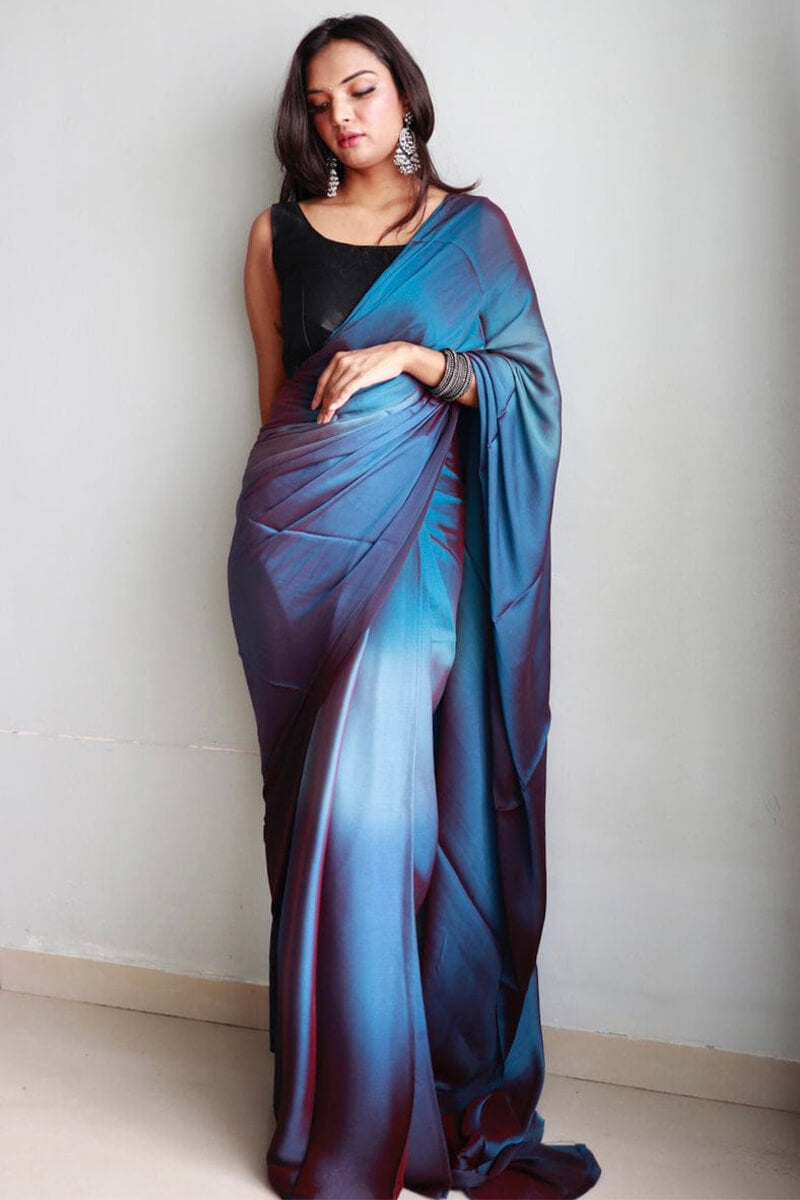 Elegant Blue Chiffon Silk Pre-Stitched Saree with Digital Print