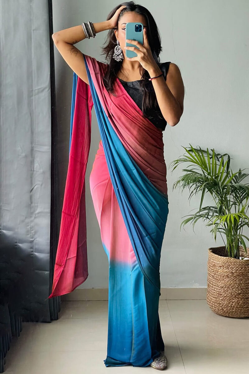 Effortless Elegance: Chiffon Silk Saree in Pink & Firozi