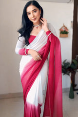 Admirable Dark Pink and White Georgette Saree with Unstitched Blouse