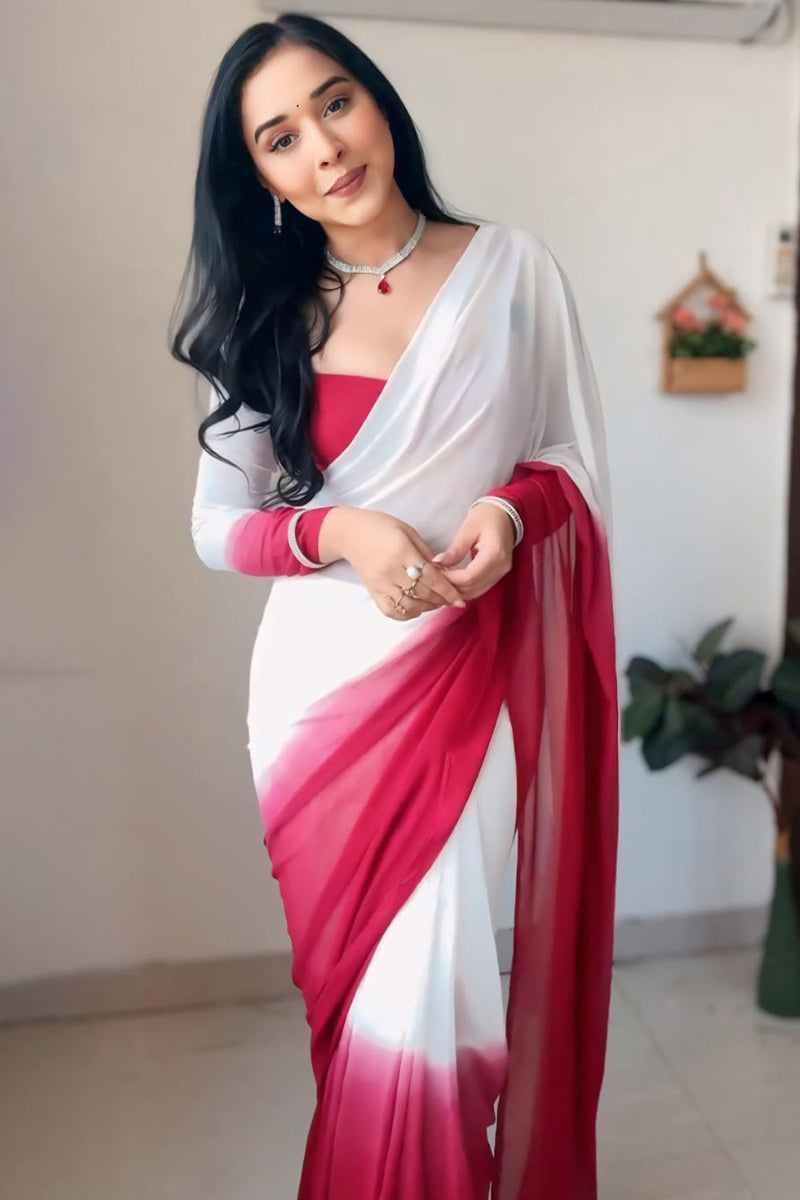 Admirable Dark Pink and White Georgette Saree with Unstitched Blouse