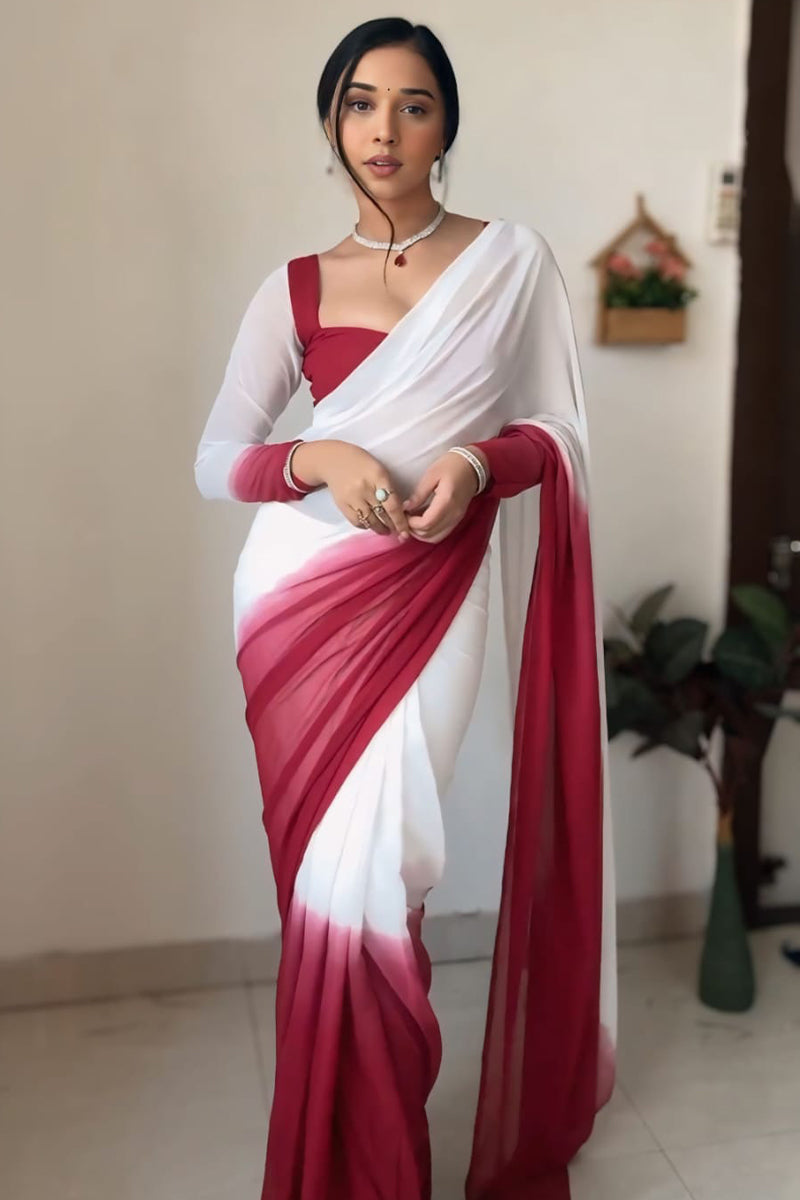 Admirable Dark Pink and White Georgette Saree with Unstitched Blouse