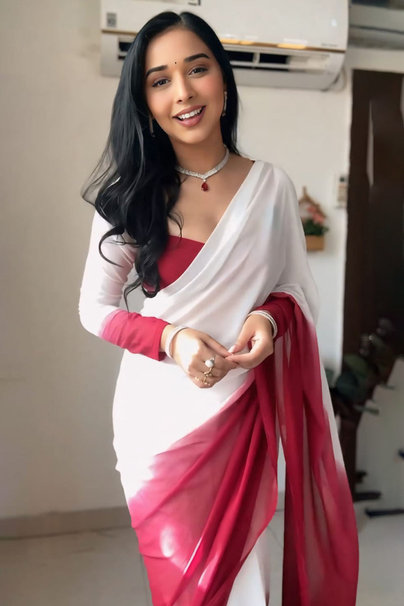 Admirable Dark Pink and White Georgette Saree with Unstitched Blouse