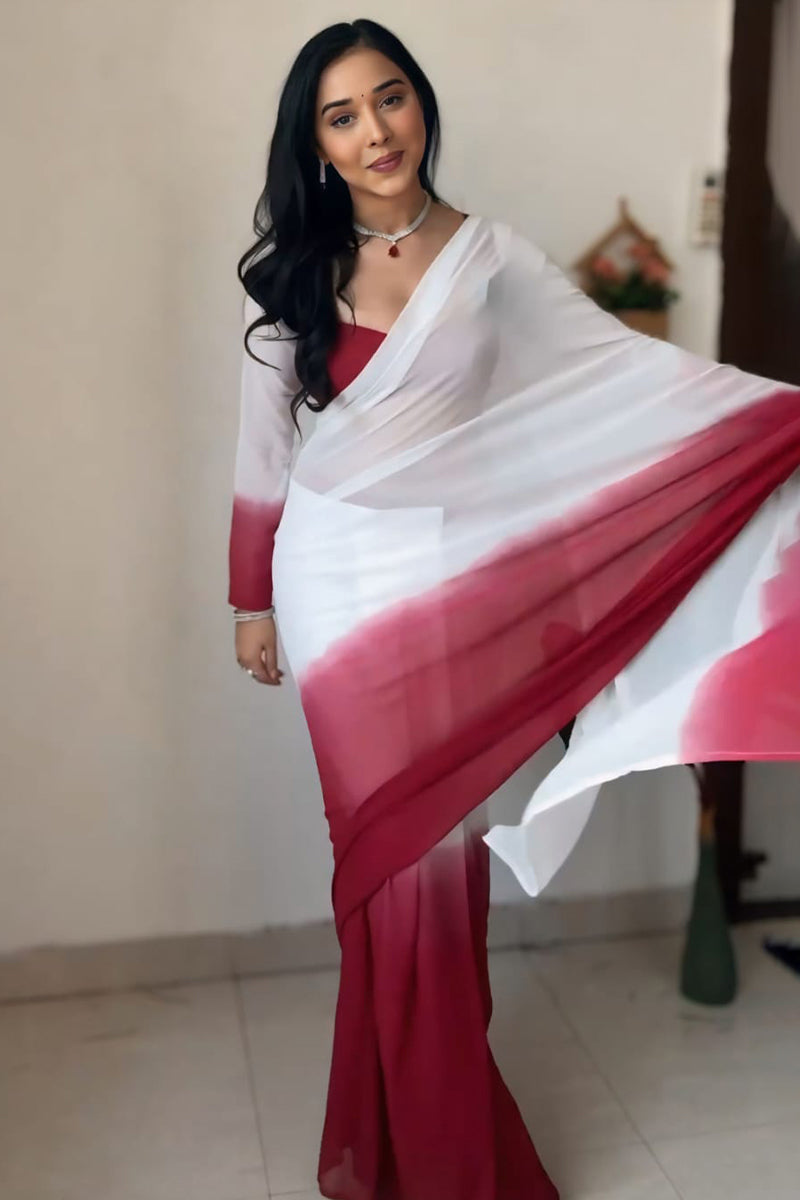 Admirable Dark Pink and White Georgette Saree with Unstitched Blouse
