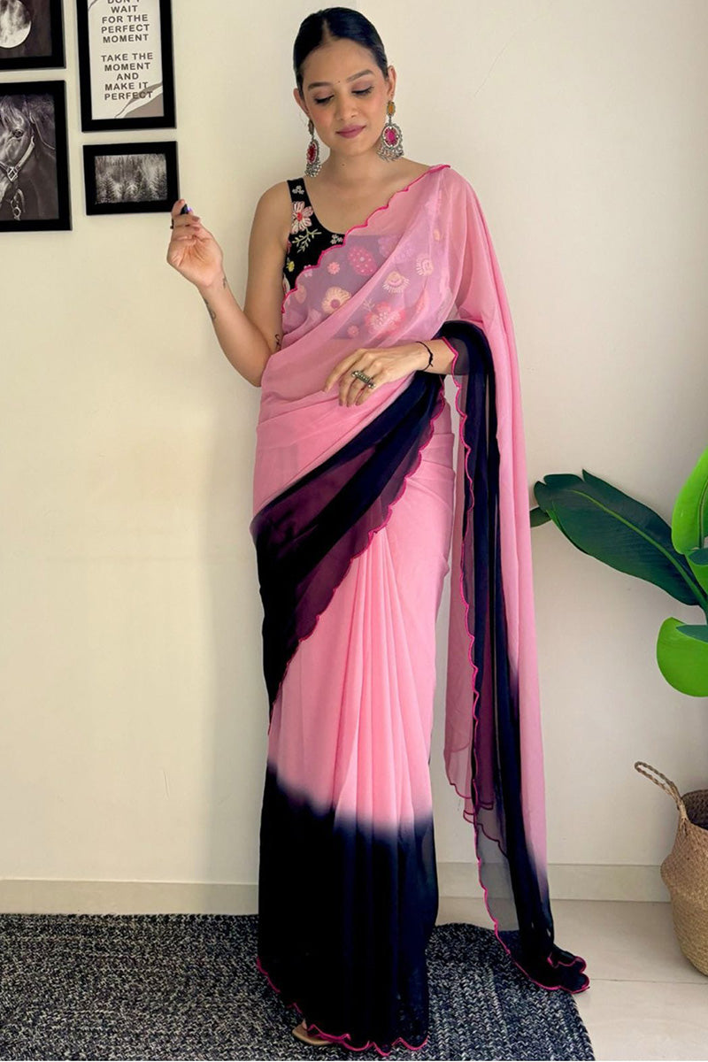 Elegant Dark Pink Georgette Saree with Printed & Sequin Embroidery – Ready To Wear Stitched Saree with Unstitched Blouse Piece