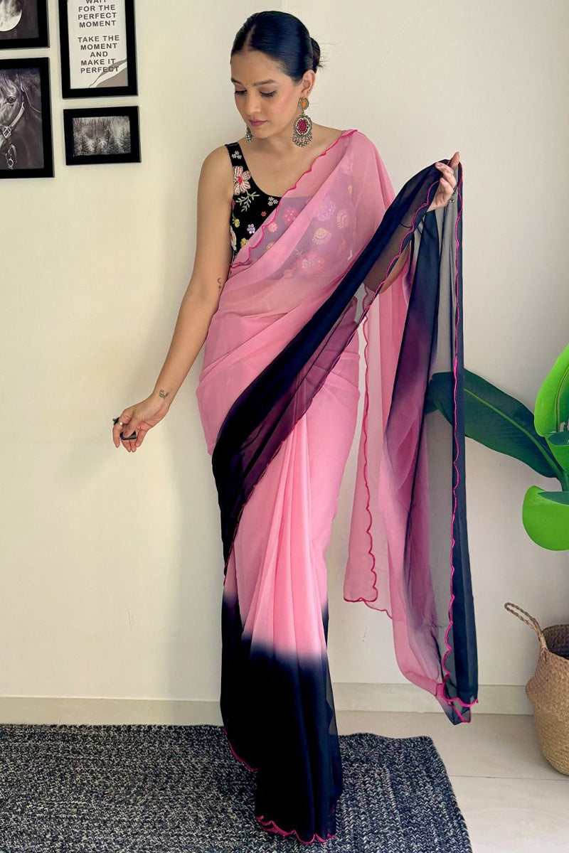 Elegant Dark Pink Georgette Saree with Printed & Sequin Embroidery – Ready To Wear Stitched Saree with Unstitched Blouse Piece